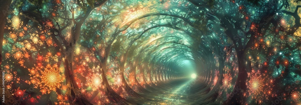 Poster a mesmerizing tunnel of luminescent trees, filled with vibrant colors and ethereal light, leading in