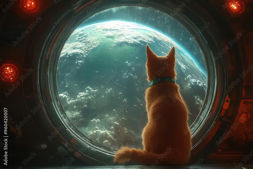 Wall mural cosmic canine gazes at earth from a futuristic spacecraft window combining whimsy and wonder in a su