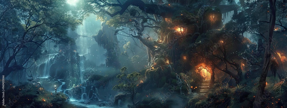 Poster enchanting forest scene with a cozy treehouse, glowing lights, and cascading water, creating a magic
