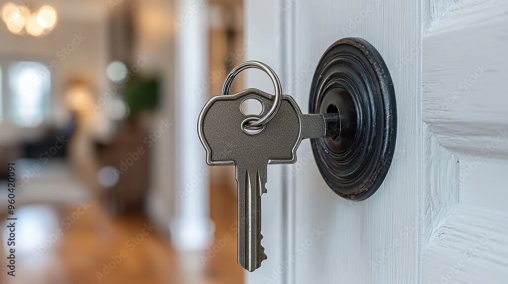 Wall mural welcome home - close-up of home-shaped keychain on key in open door