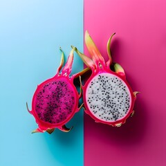 Vibrant Cut In Half Exotic Dragon Fruit Showcasing its Speckled Pink Skin and White Flesh Against a Minimal Background