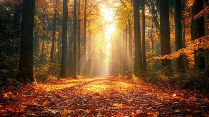 Obraz premium A peaceful forest with a carpet of fallen leaves, with sunlight filtering through the trees.