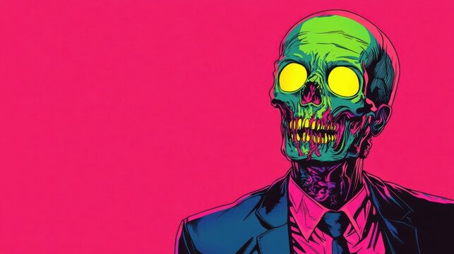 Zombie with neon skin in pop art style, vibrant colors, comic book textures, Halloween vibe