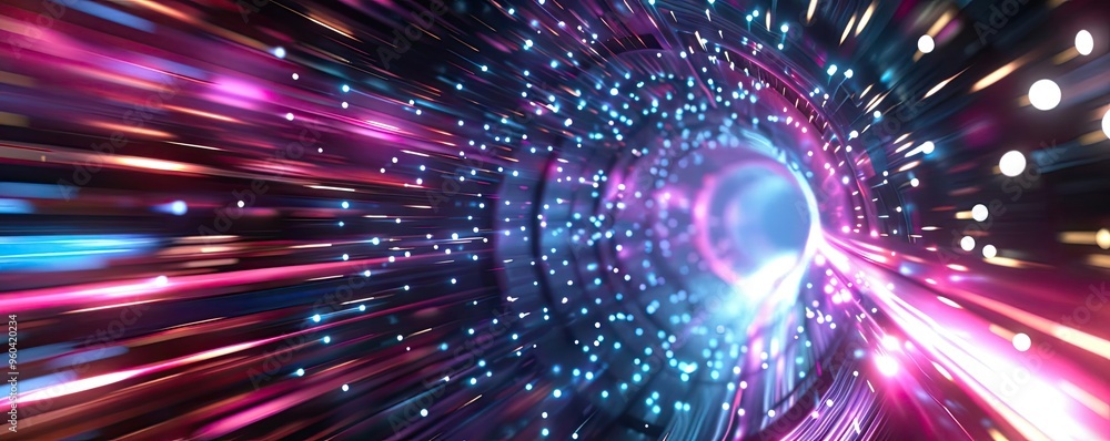 Poster a vibrant abstract tunnel of light, showcasing dynamic colors and energy in a cosmic journey through