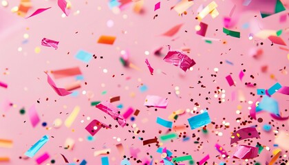 Obraz premium Joyful Celebrations: A Vibrant Display of Confetti on a Pink Background