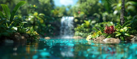 Naklejka premium Enchanting of a Majestic Waterfall in Lush Tropical Rainforest Setting