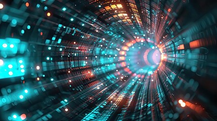 A vibrant digital tunnel filled with colorful light trails, showcasing futuristic technology and modern design.