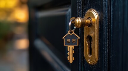 Opening Doors to Homeownership - Key with Home-Shaped Keychain in Door Lock