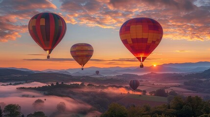 Hot air balloons floating over a picturesque valley at dawn