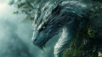 A massive dragon gazes intensely its glimmering scales reflecting the morning light