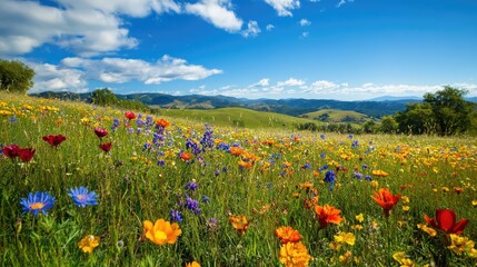 Obraz premium A peaceful meadow filled with colorful wildflowers, with a backdrop of rolling hills and a blue sky.