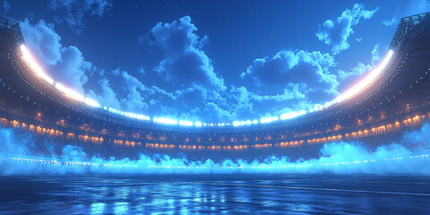 Fototapeta premium Empty stadium with bright lights and blue smoke against a night sky.