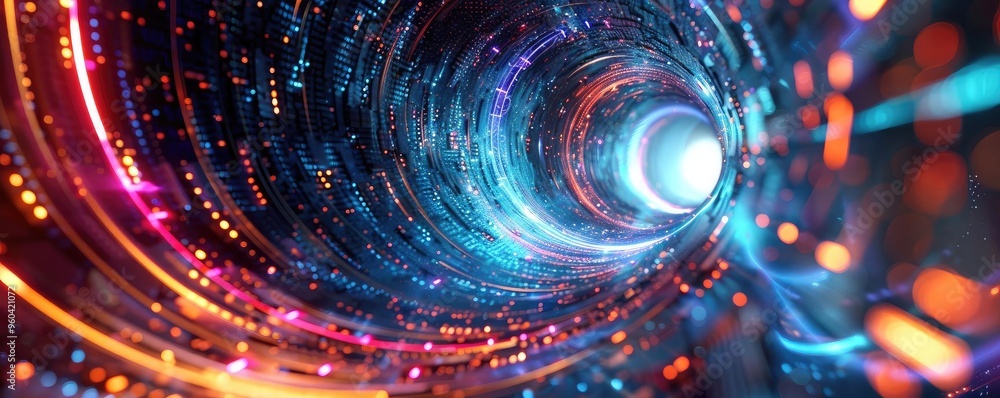 Poster a mesmerizing tunnel of light filled with vibrant colors and energy, creating a sense of motion and 