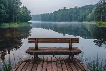 Fototapeta premium Tranquil Lakeside View with Wooden Bench Surrounded by Lush Forest in Early Morning Mist