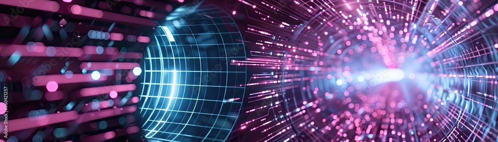 Poster An immersive view of digital light beams and grids creating a stunning visual effect, ideal for technology and innovation themes.