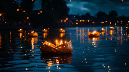 Loy Krathong Festival, lanterns floating on the river at night, beautifully decorated krathongs floating with lit candles, Ai generated images