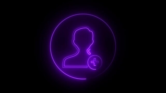 neon line glowing indigo color add friend icon in a circle indigo color on black background.