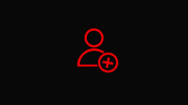 add friend icon animation red color on dark background. 3d video.