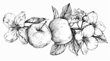 Line drawing of apple fruit, flower, plant, leaf