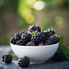 Fresh Blackberries with Dewdrops in a White Bowl Focus on Fruit Concept
