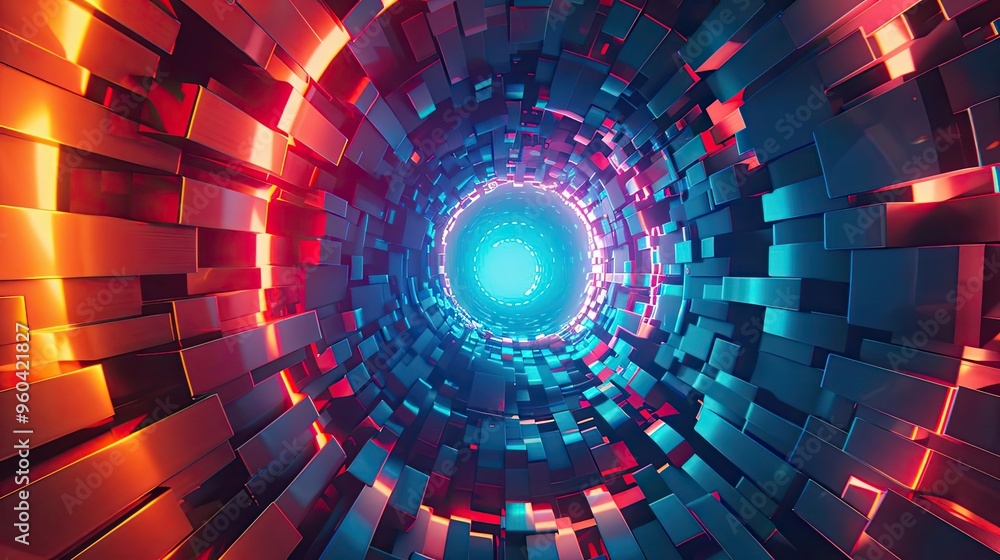 Poster a mesmerizing tunnel of vibrant colors and geometric blocks, creating a futuristic and digital atmos