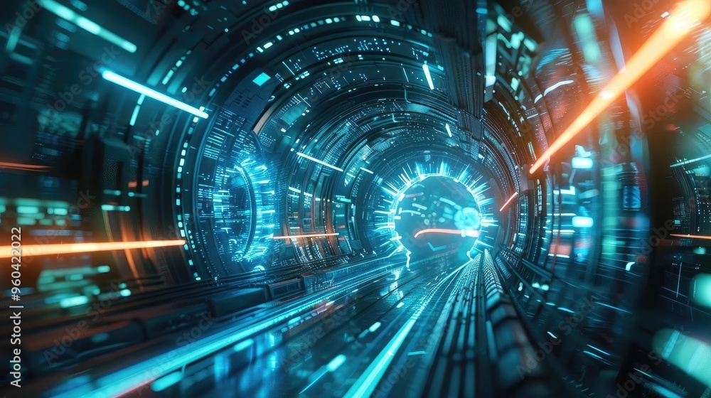 Poster futuristic tunnel with vibrant neon lights and motion blur, showcasing advanced technology and an im