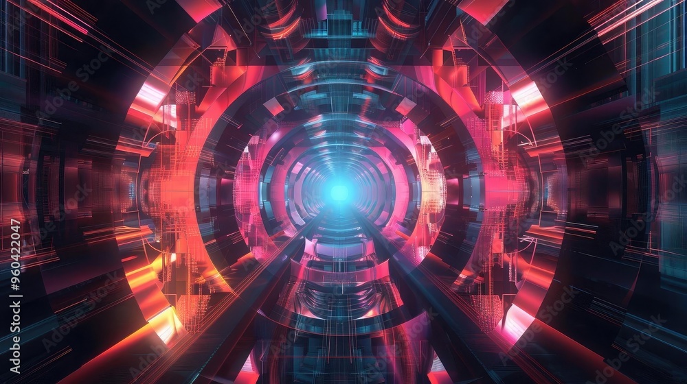 Poster A vibrant abstract tunnel design that combines neon colors and futuristic elements, perfect for tech and sci-fi themes.