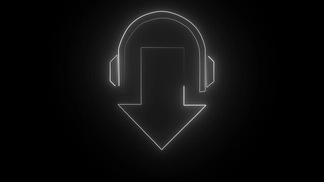 abstract glowing neon line headphone icon white color with white color arrow on black stock video footage.