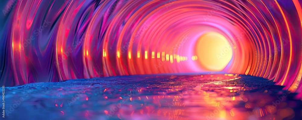 Poster a vibrant tunnel illuminated with colorful lights reflects a serene water surface, creating an ether