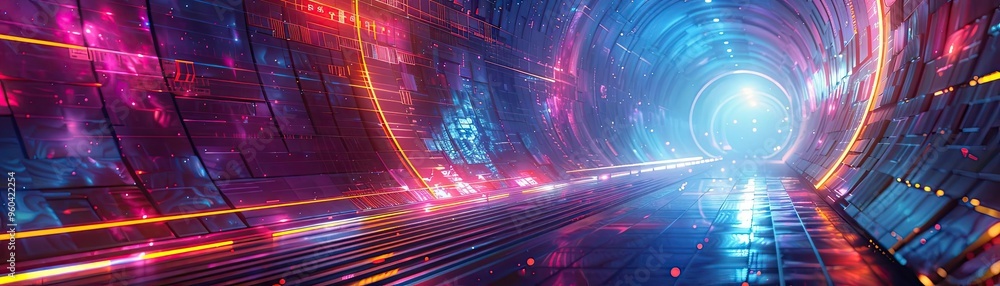 Poster a vibrant neon tunnel radiating colorful lights, creating a futuristic atmosphere filled with energy