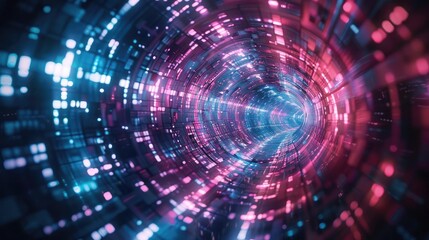 A mesmerizing abstract tunnel of light, showcasing vibrant pink and blue hues in a digital landscape, perfect for technology visuals.