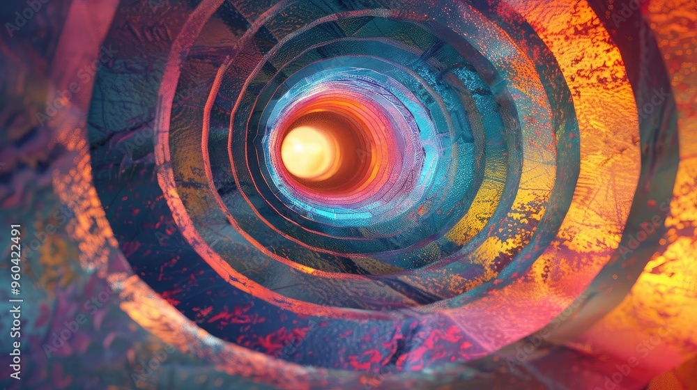 Poster a vibrant, surreal tunnel with colorful geometric patterns leading to a bright center, creating an i