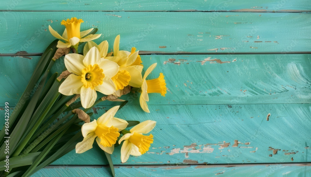 Wall mural sunny bunch: yellow narcissus blooms on turquoise wood