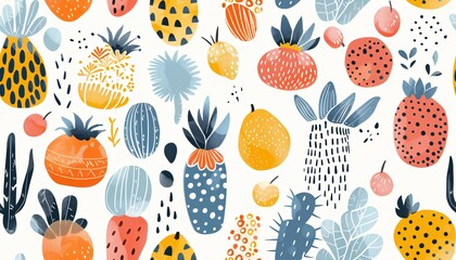 A vibrant and colorful watercolor illustration featuring a seamless pattern of tropical fruits and plants. The use of bright and bold colors creates a cheerful and summery atmosphere.