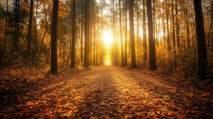 A tranquil forest path during autumn, showcasing vibrant fall foliage and warm sunlight.