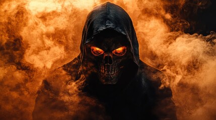 Mysterious hooded figure with a skull face surrounded by orange smoke on a dark background, concept of horror and fantasy.