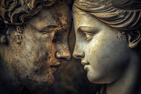 Close-up of Two Ancient Stone Statues Gazing at Each Other