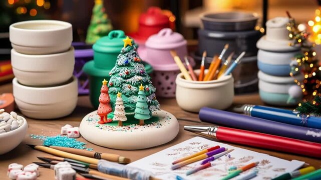 Potter is working on a ceramic christmas tree decoration with colorful sprinkles in a workshop full of tools and materials. The warm lights in the background give a cozy feeling to the scene