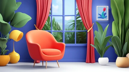 A cozy interior featuring a vibrant orange chair, lush green plants, and colorful curtains in a stylish living space.