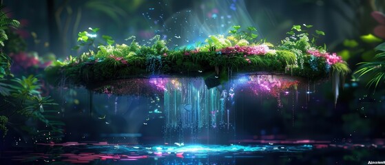 Naklejka premium Vibrant Digital Fantasy Landscape with Floating Islands and Rich Flora in