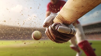 Moment of Impact - Close-up of Cricket Player's Hand Gripping Bat with Ball in Mid-Air on Field Background, Photorealistic Sports Scene