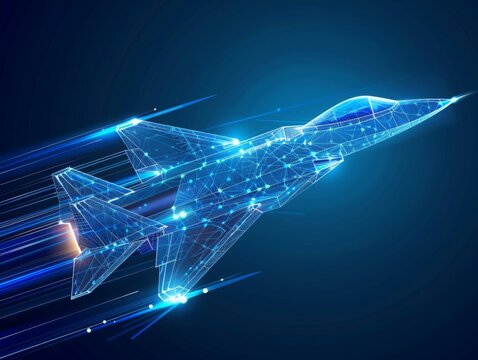 Digital high-speed fighter jet  in low poly wireframe, smart Advanced Military Technology,  ai aviation and defense systems, supersonic travel, Aerospace Engineering.
