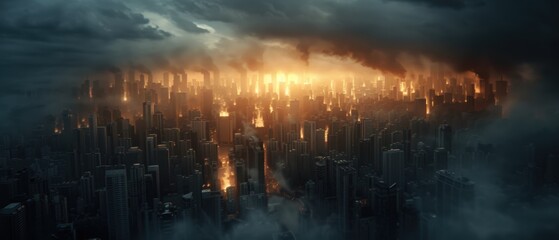 Obraz premium Desolate Dystopian City: Eerie Urban Landscape with Decaying Infrastructure and Ominous Skies in Stunning