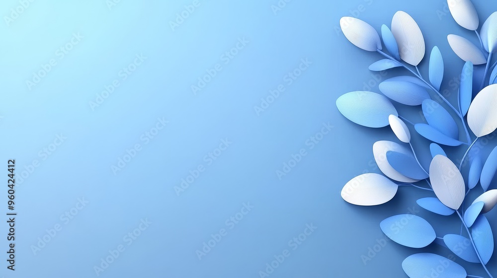 Poster a serene blue background featuring elegant leaves, perfect for creating a calming atmosphere in desi