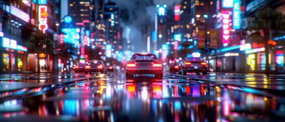 Obraz premium Vibrant Retro-Futuristic Cityscape - High- Vintage Cars and Neon Lights in
