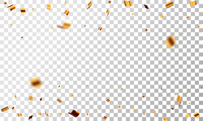 Fototapeta premium 3D party gold confetti on transparent background. Render golden confetti in empty space. Metal firecracker elements in various shapes. Party, holiday, surprise or birthday events. Vector illustration