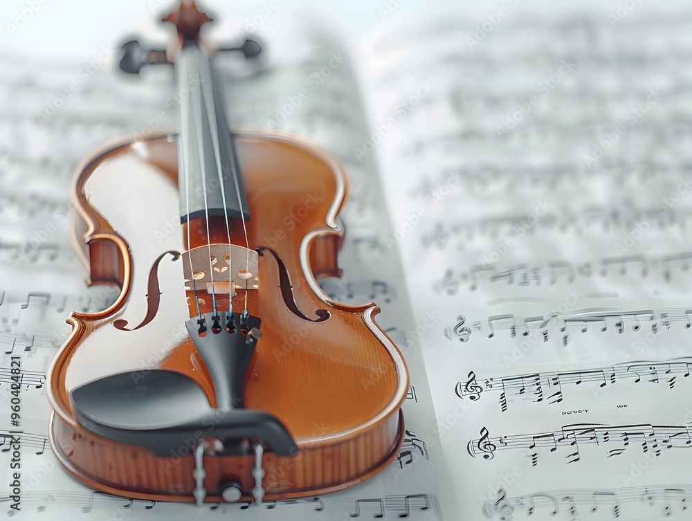 Poster classical violin resting on a sheet of music with floating notes in the background