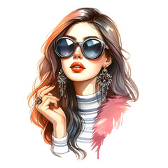 Watercolor illustration of a fashionable woman with wavy hair, wearing oversized sunglasses and a stylish clothes.