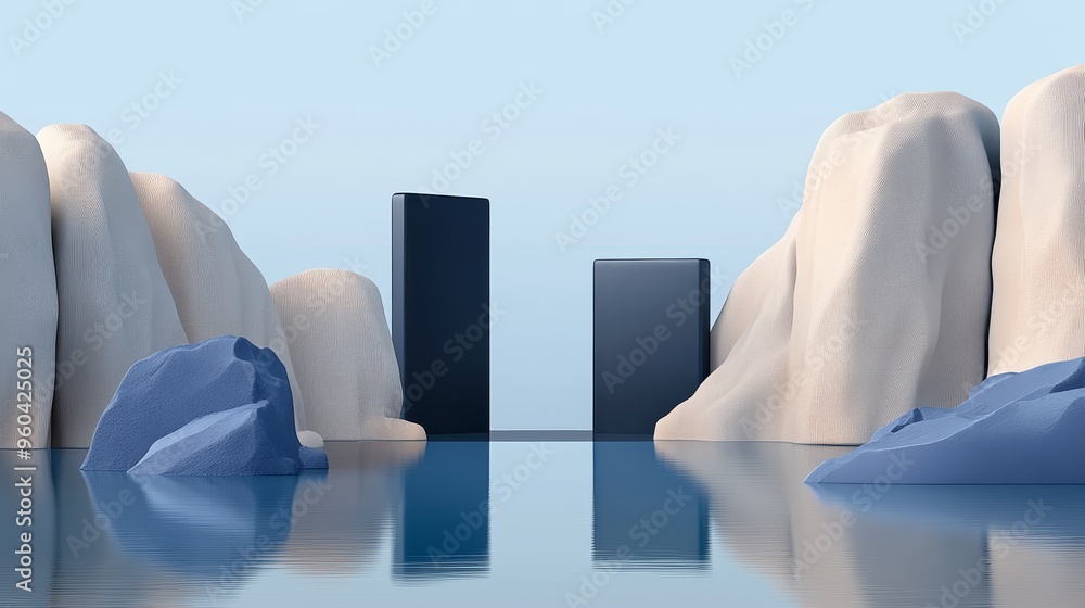 Poster A serene landscape featuring smooth rocks and abstract structures reflecting on calm water, creating a tranquil atmosphere.