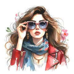 Watercolor illustration of a fashionable woman with wavy hair, wearing oversized sunglasses and a stylish clothes.